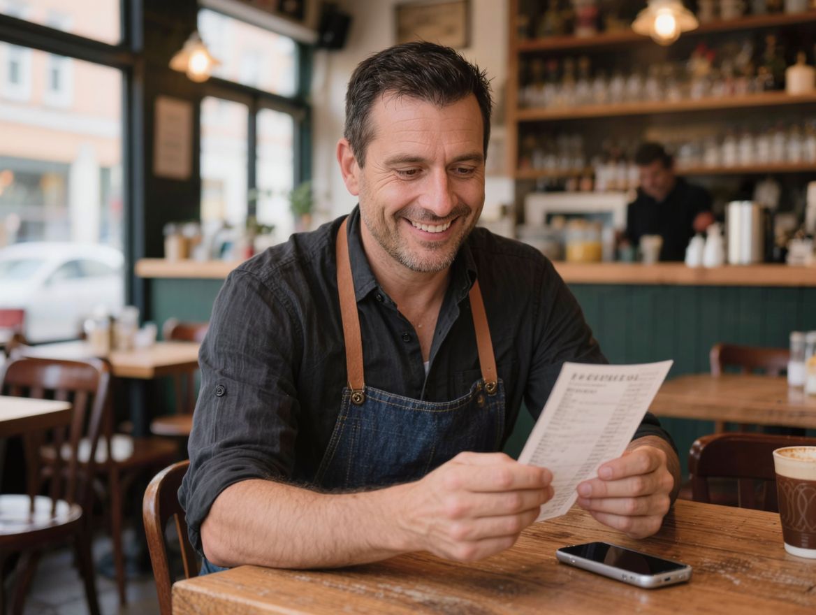 Dueño de un restaurante revisando la factura de luz de su negocio