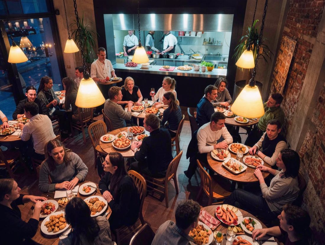 Restaurante lleno con cocina abierta, un negocio de alto consumo eléctrico