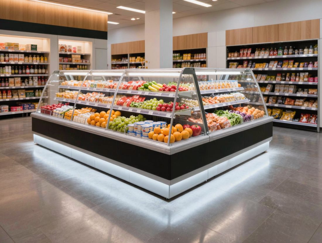 Supermercado con vitrinas refrigeradas abiertas